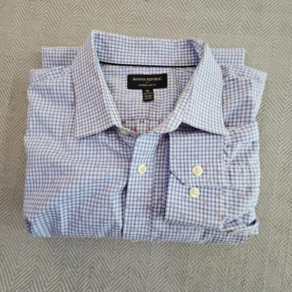 Banana Republic Shirt Mens XL 17-17.5 35-36 Non-Iron Blue Check Slim Fit EUC Top
